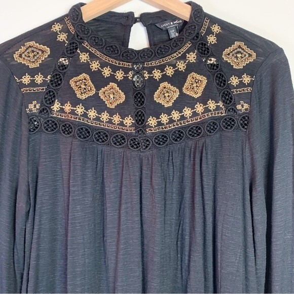 Lucky Brand Black Gold Embroidered Long Sleeve Blouse Size S Women - Picture 10 of 11